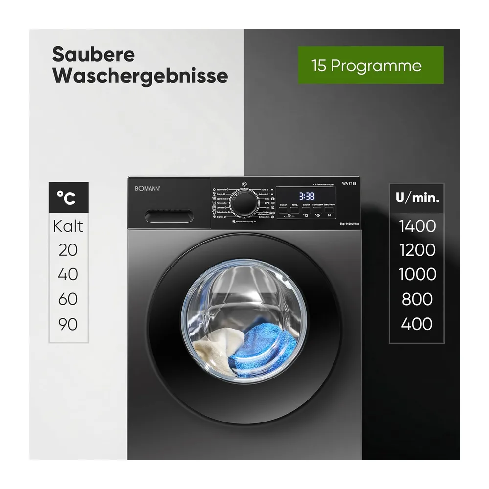 Bomann® Waschmaschine 8kg | 5 Jahre Motor-Garantie | Invertermotor-effizient, leise & langlebig | max. 1400 — 5