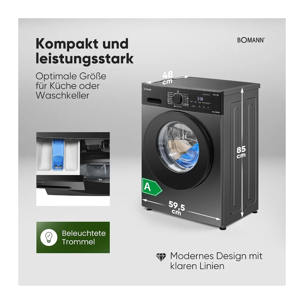 Bomann® Waschmaschine 8kg | 5 Jahre Motor-Garantie | Invertermotor-effizient, leise & langlebig | max. 1400 — 6
