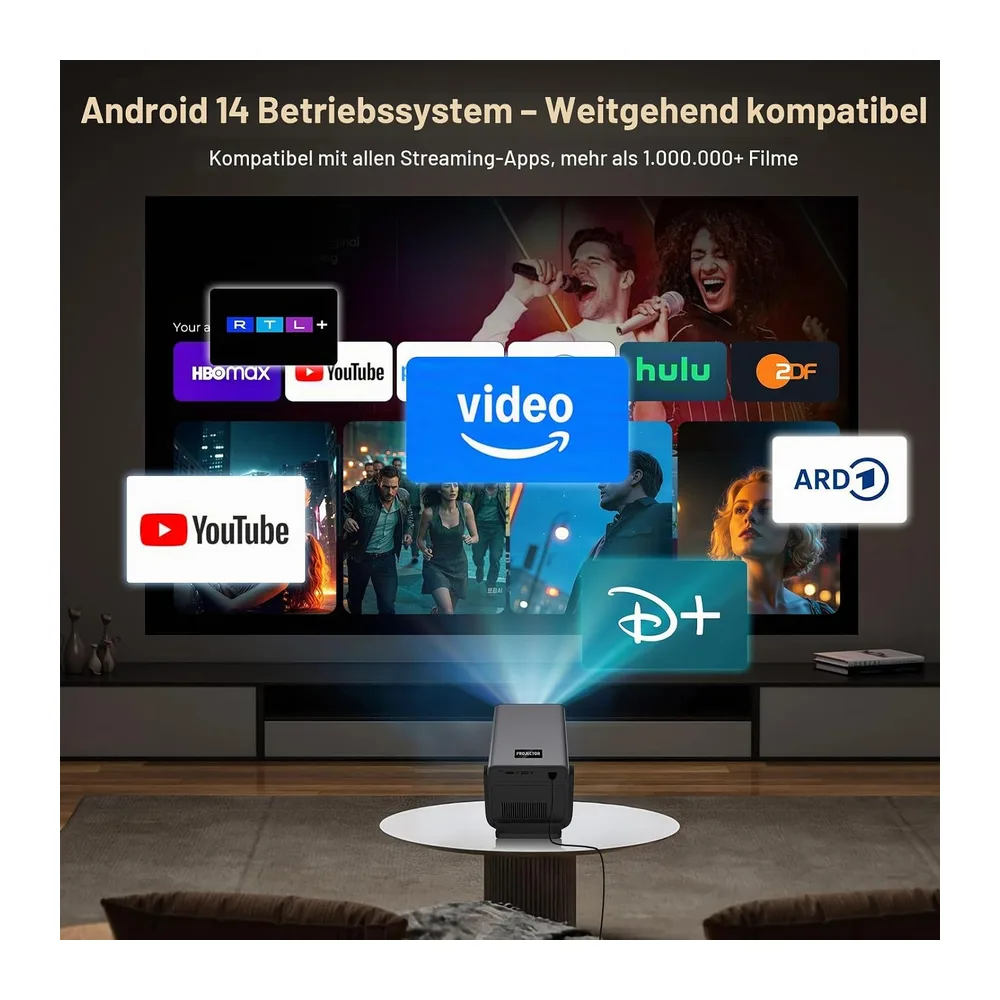 X7 Smart Beamer 4K-Unterstützung, 2000 ANSI, Android 14 mit Apps HiFi Audio — 4