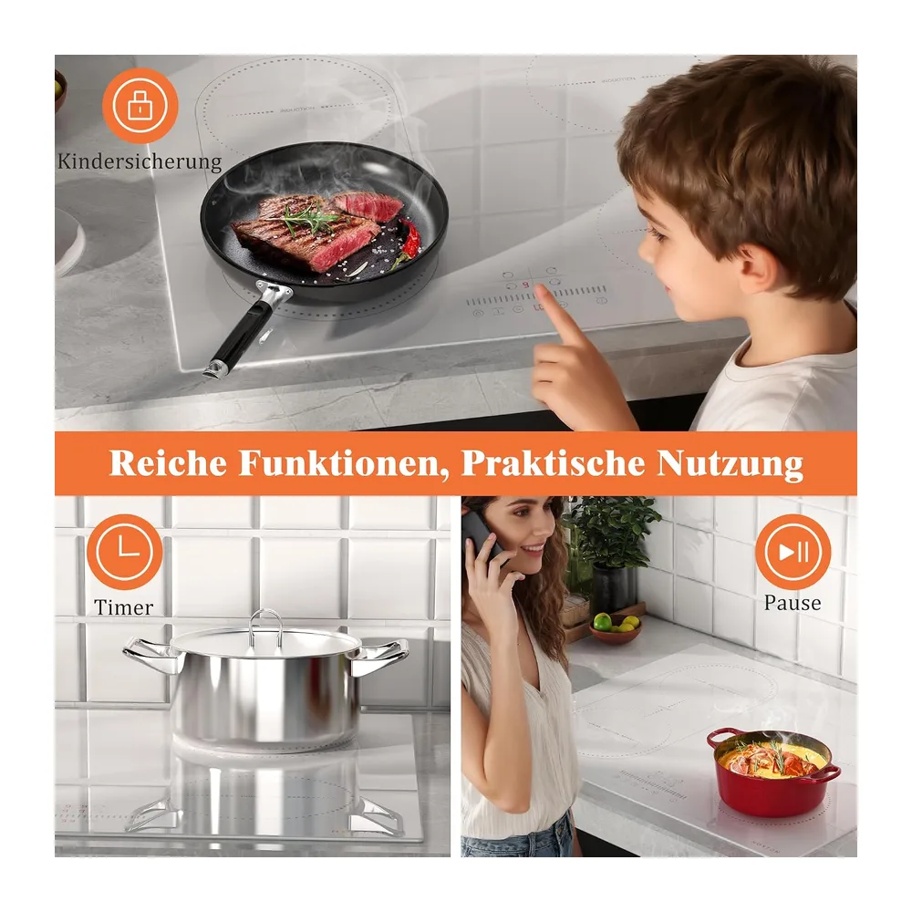 Induktionskochfeld 4 Kochzonen, Kochfeld Induktion 60cm weiß, mit Stecker — 4