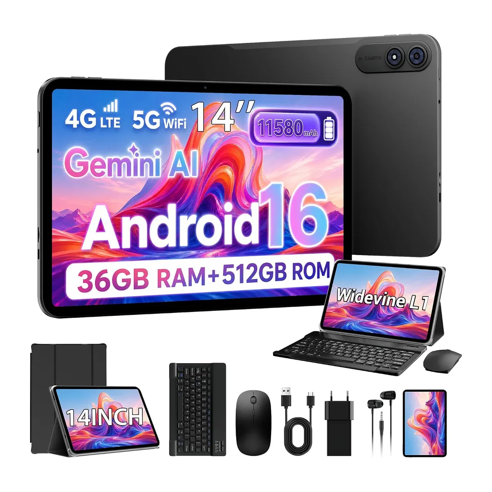 2026 14-Zoll-Tablet mit Android 16, 36GB RAM+512GB ROM (TF 1TB), Octa-Core, 4G LTE/5G WLAN, 2000 × 1200,