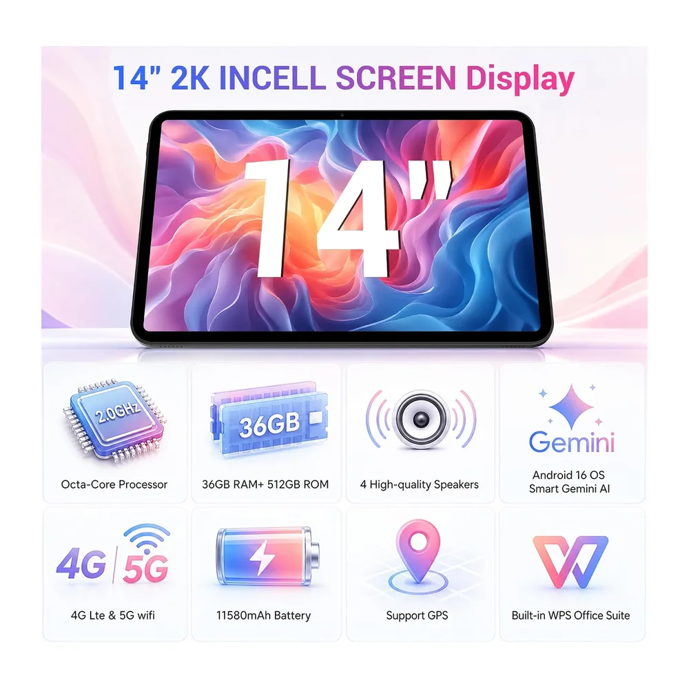 2026 14-Zoll-Tablet mit Android 16, 36GB RAM+512GB ROM (TF 1TB), Octa-Core, 4G LTE/5G WLAN, 2000 × 1200, — 2