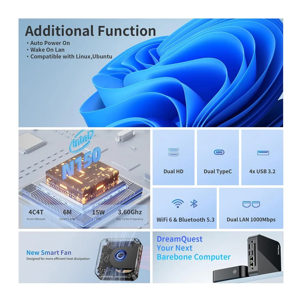 DreamQuest Mini PC Barebone ohne DDR4 RAM/SSD mit Intel N150 (bis zu 3.6Ghz) Micro Desktop Computer mit USB C — 4