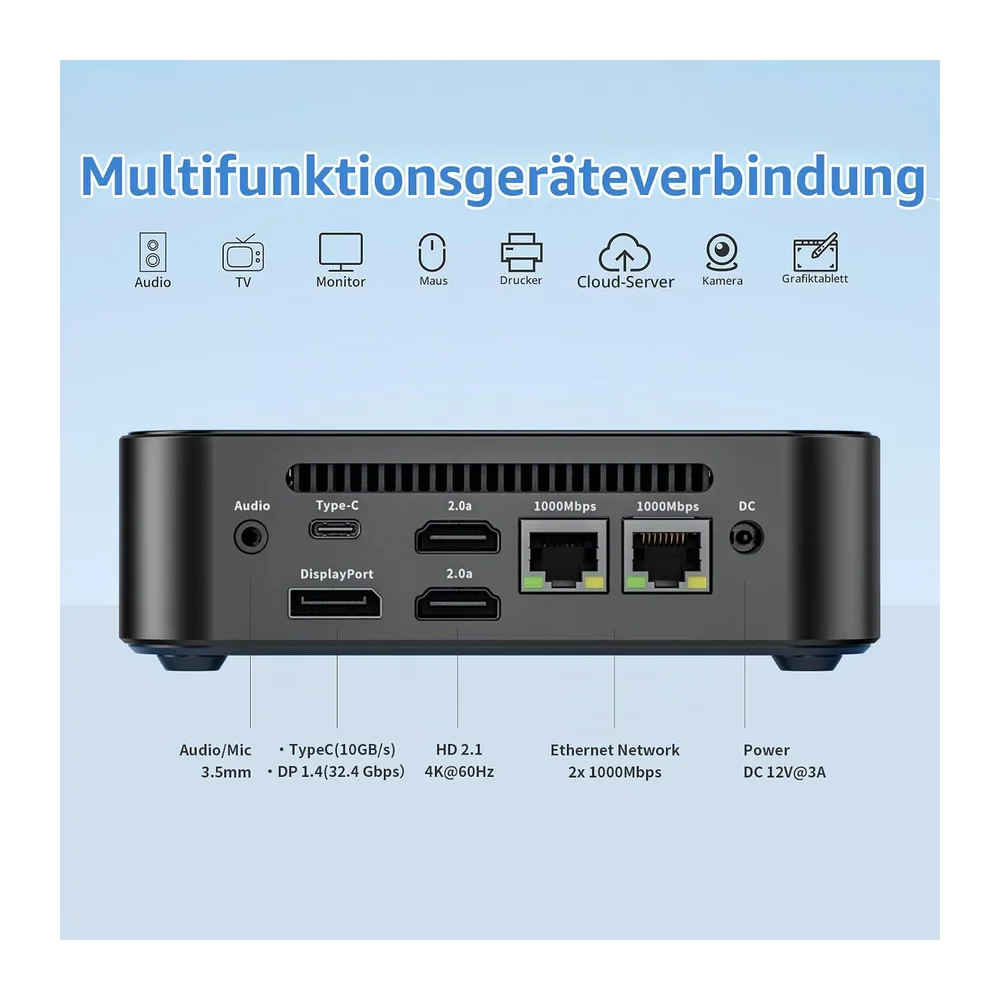 DreamQuest Mini PC Barebone ohne DDR4 RAM/SSD mit Intel N150 (bis zu 3.6Ghz) Micro Desktop Computer mit USB C — 6