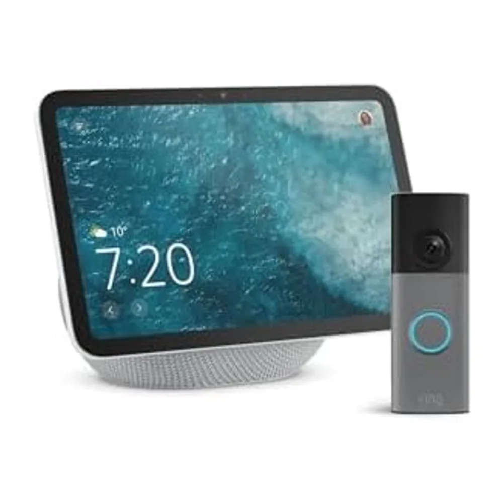 Amazon Echo Show 8 (neueste Gen.), Weiß + Ring Akku-Videotürklingel (neueste Gen.), Gesprenkeltes Grau,