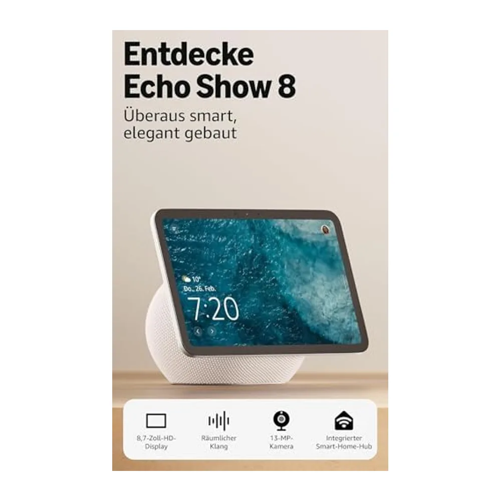Amazon Echo Show 8 (neueste Gen.), Weiß + Ring Akku-Videotürklingel (neueste Gen.), Gesprenkeltes Grau, — 2