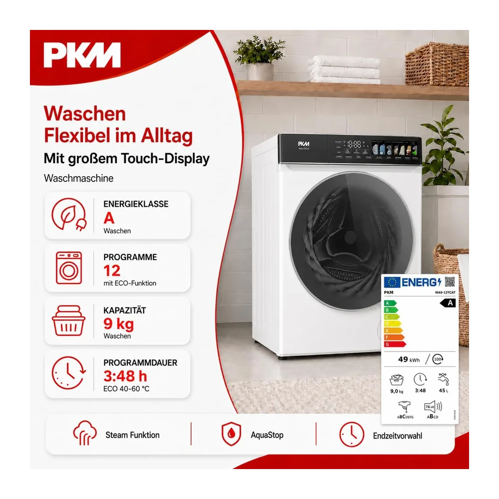 PKM Waschmaschine WA9-12TCAT - Energieeffizienzklasse A, Großes Touch-Display, Steam Funktion, AquaStop, 12 — 2
