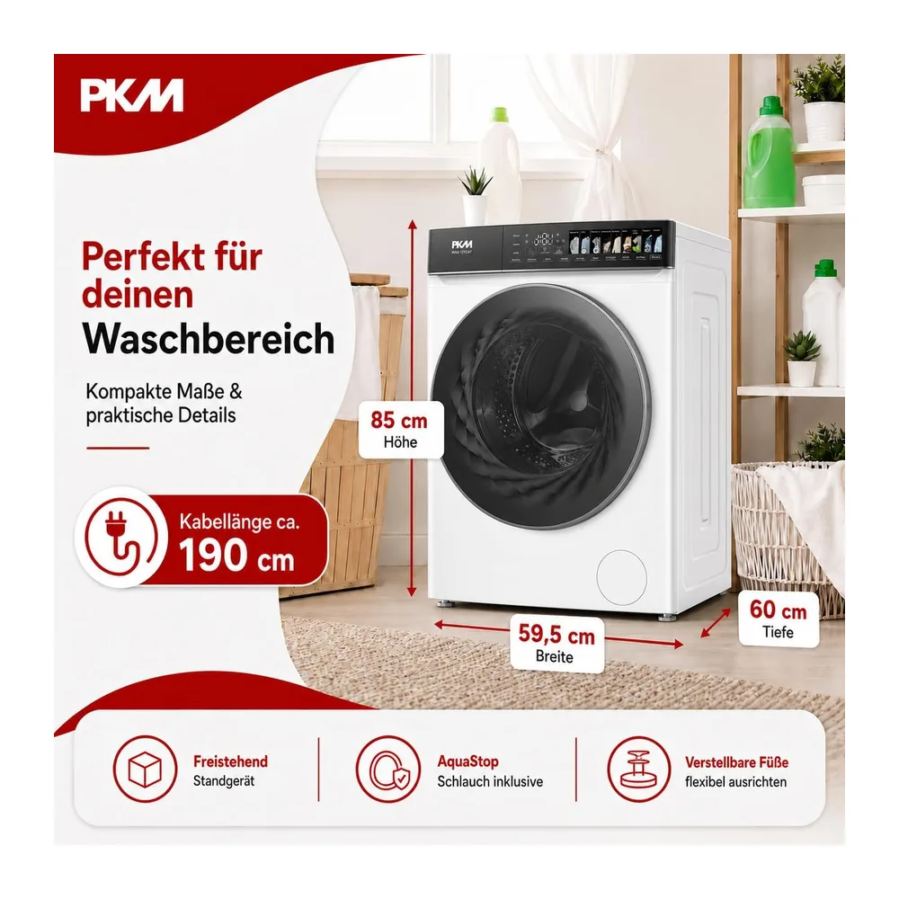 PKM Waschmaschine WA9-12TCAT - Energieeffizienzklasse A, Großes Touch-Display, Steam Funktion, AquaStop, 12 — 3