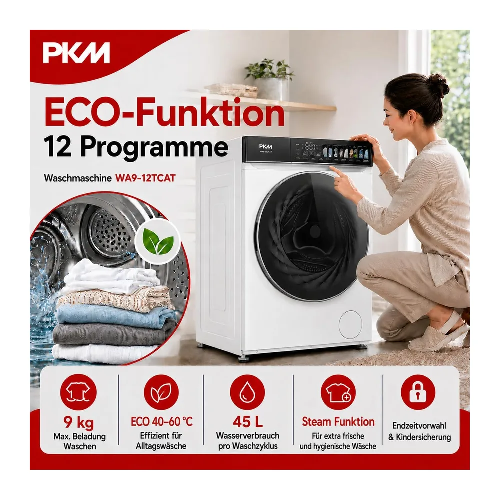PKM Waschmaschine WA9-12TCAT - Energieeffizienzklasse A, Großes Touch-Display, Steam Funktion, AquaStop, 12 — 4