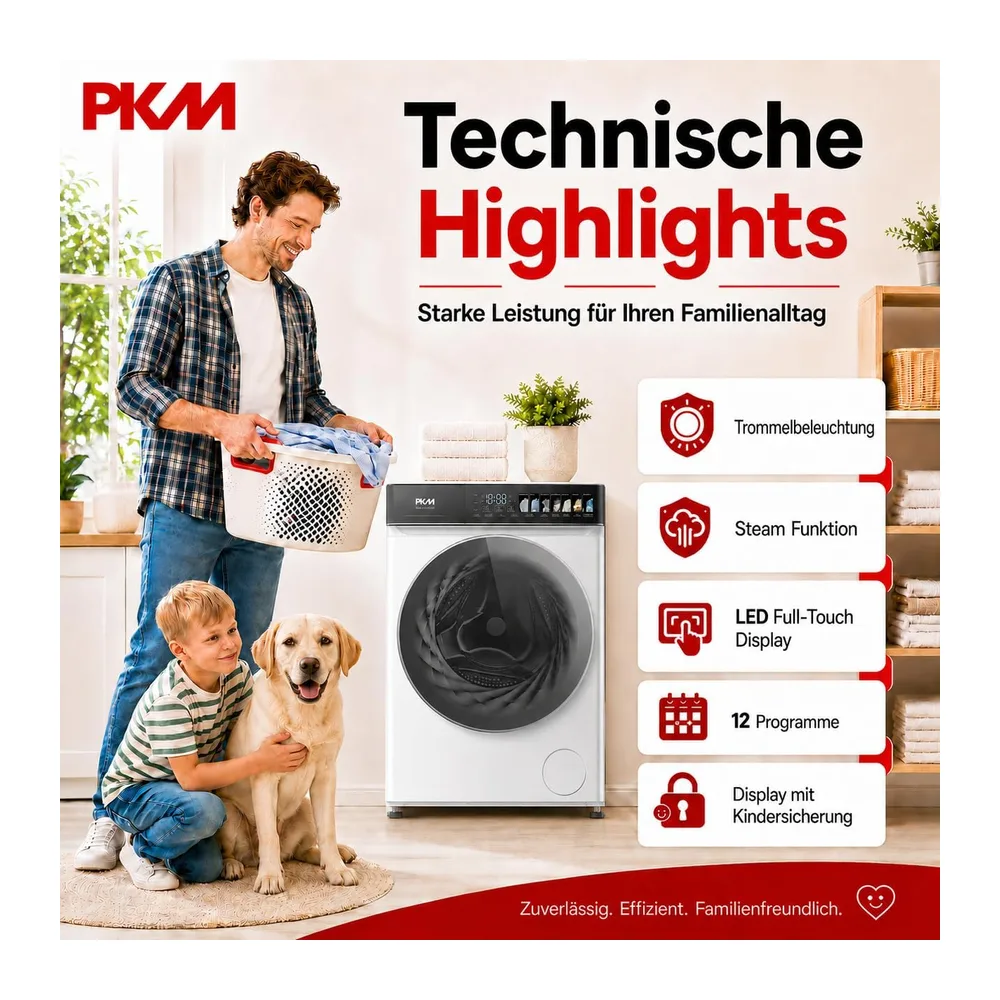 PKM Waschmaschine WA9-12TCAT - Energieeffizienzklasse A, Großes Touch-Display, Steam Funktion, AquaStop, 12 — 6
