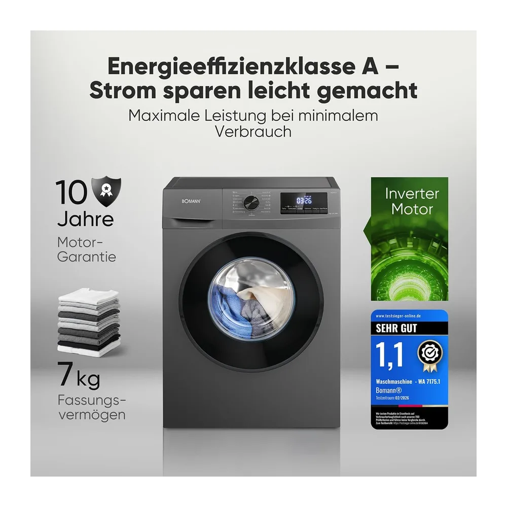 Bomann® Waschmaschine 7kg | 10 Jahre Motor-Garantie | Invertermotor - effizient, leise & langlebig | max. — 2
