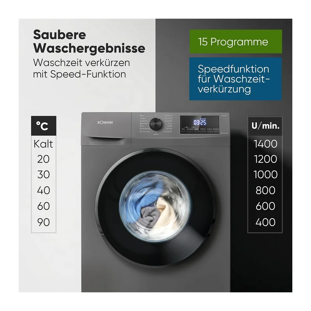 Bomann® Waschmaschine 7kg | 10 Jahre Motor-Garantie | Invertermotor - effizient, leise & langlebig | max. — 5