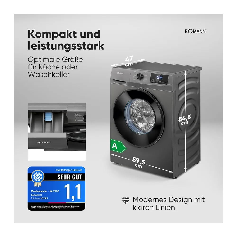 Bomann® Waschmaschine 7kg | 10 Jahre Motor-Garantie | Invertermotor - effizient, leise & langlebig | max. — 6