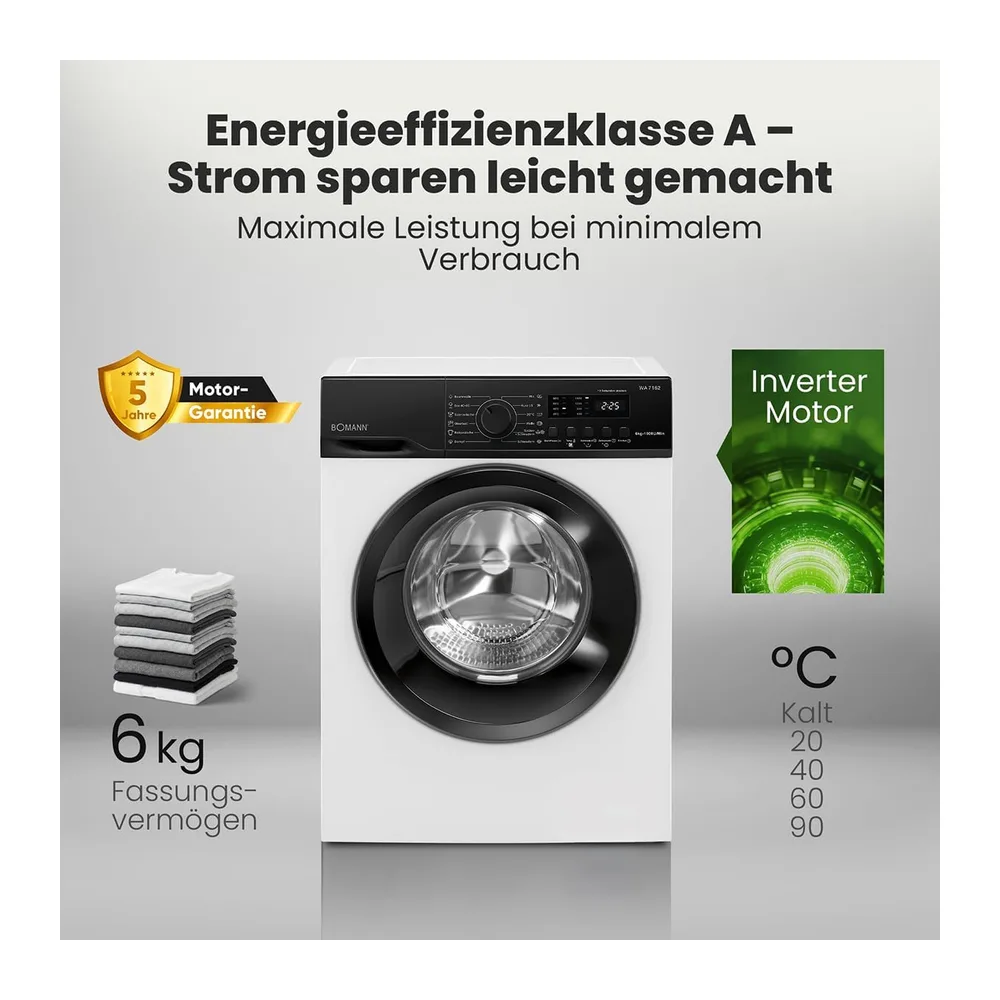 Bomann® Waschmaschine 6kg | 5 Jahre Motor-Garantie | Invertermotor - effizient, leise & langlebig | max. 1000 — 2