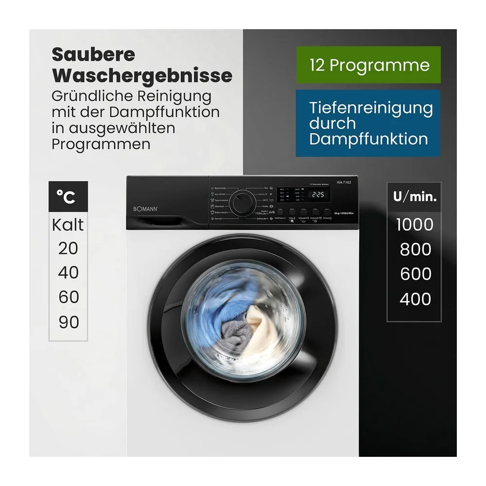 Bomann® Waschmaschine 6kg | 5 Jahre Motor-Garantie | Invertermotor - effizient, leise & langlebig | max. 1000 — 5