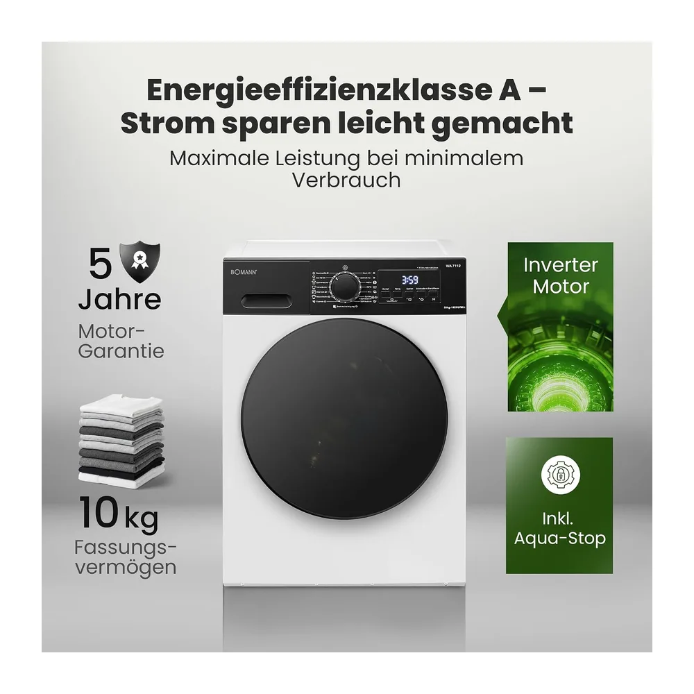 Bomann® Waschmaschine 10kg | 5 Jahre Motor-Garantie | Invertermotor - effizient, leise & langlebig | inkl. — 2