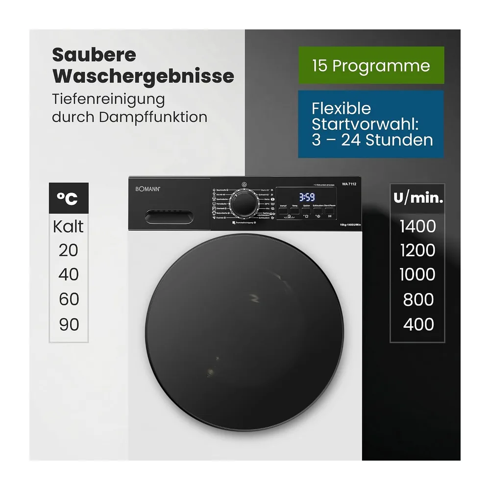 Bomann® Waschmaschine 10kg | 5 Jahre Motor-Garantie | Invertermotor - effizient, leise & langlebig | inkl. — 5