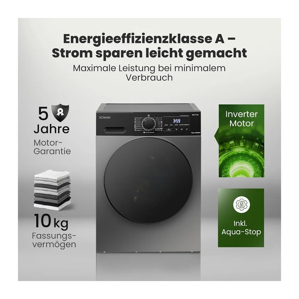 Bomann® Waschmaschine 10kg | 5 Jahre Motor-Garantie | Invertermotor - effizient, leise & langlebig | inkl. — 2