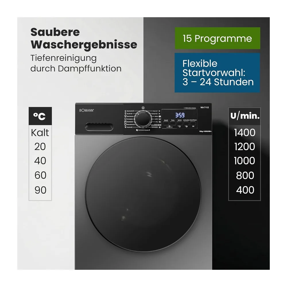 Bomann® Waschmaschine 10kg | 5 Jahre Motor-Garantie | Invertermotor - effizient, leise & langlebig | inkl. — 5