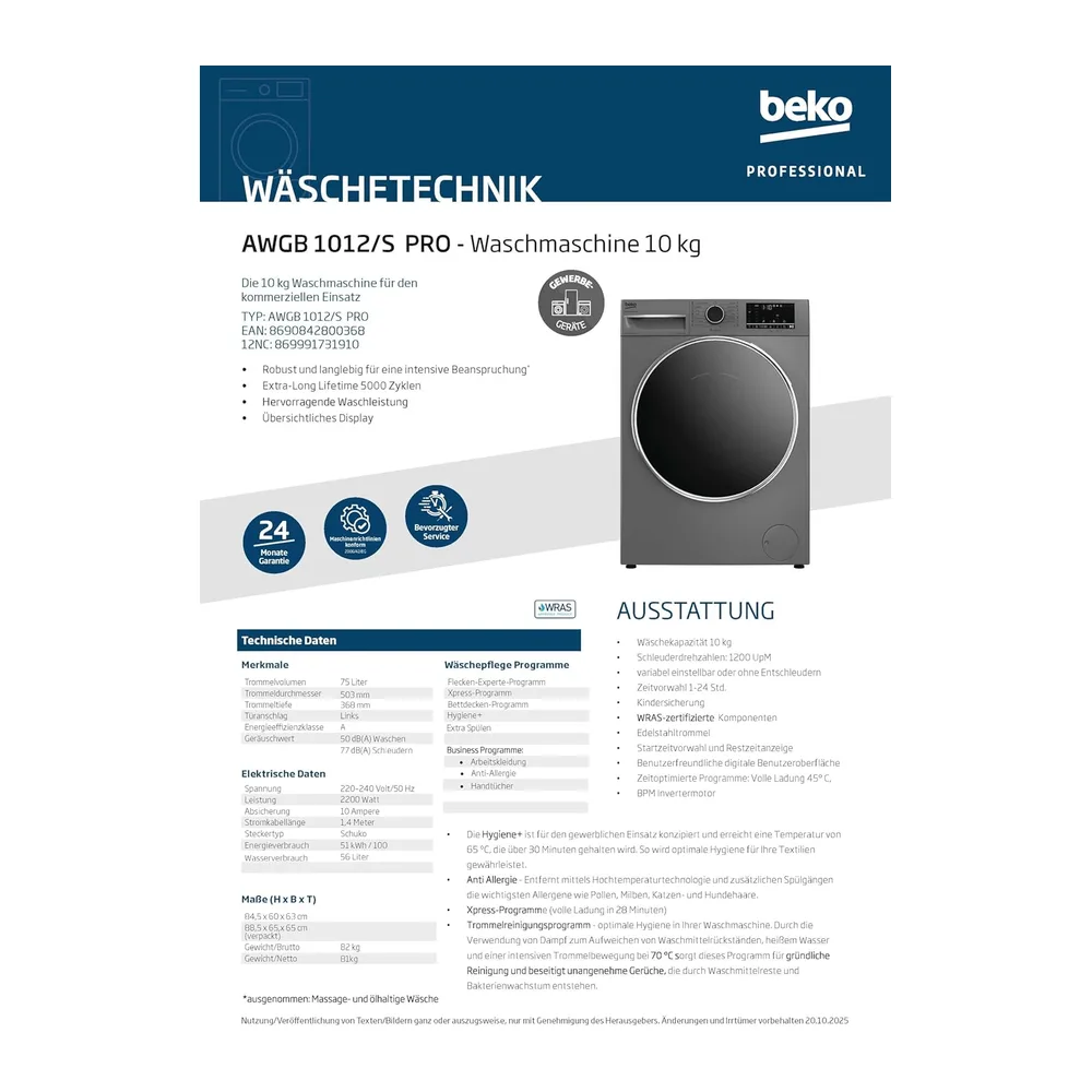 Beko Professional AWGB 1012/S BP, die 10 Kg Waschmaschine für den kommerziellen Einsatz [Energieklasse A] — 6