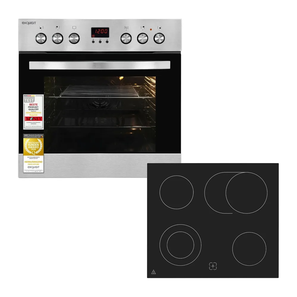 Exquisit Einbauherd-Set Inox - Backofen 58 l Umluft & Glaskeramik-Kochfeld [Energieklasse A]