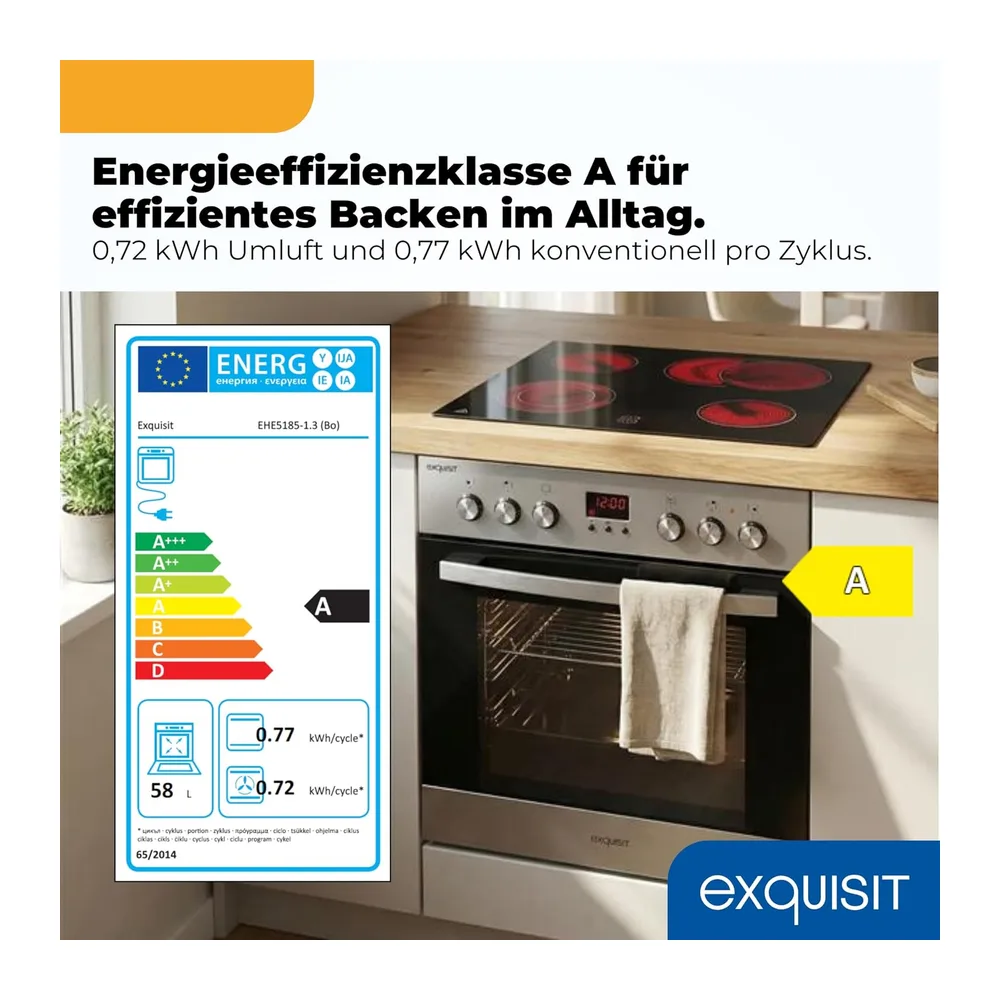 Exquisit Einbauherd-Set Inox - Backofen 58 l Umluft & Glaskeramik-Kochfeld [Energieklasse A] — 2