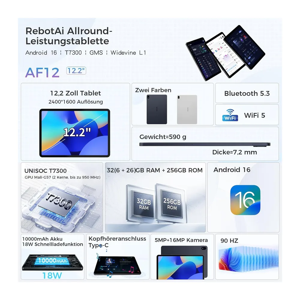 Tablet 12.2 Zoll Android 16 Tablets, 32GB RAM+256GB ROM, 2400*1600 IPS 10000mAh Tablet Octa-Core T7300, — 2
