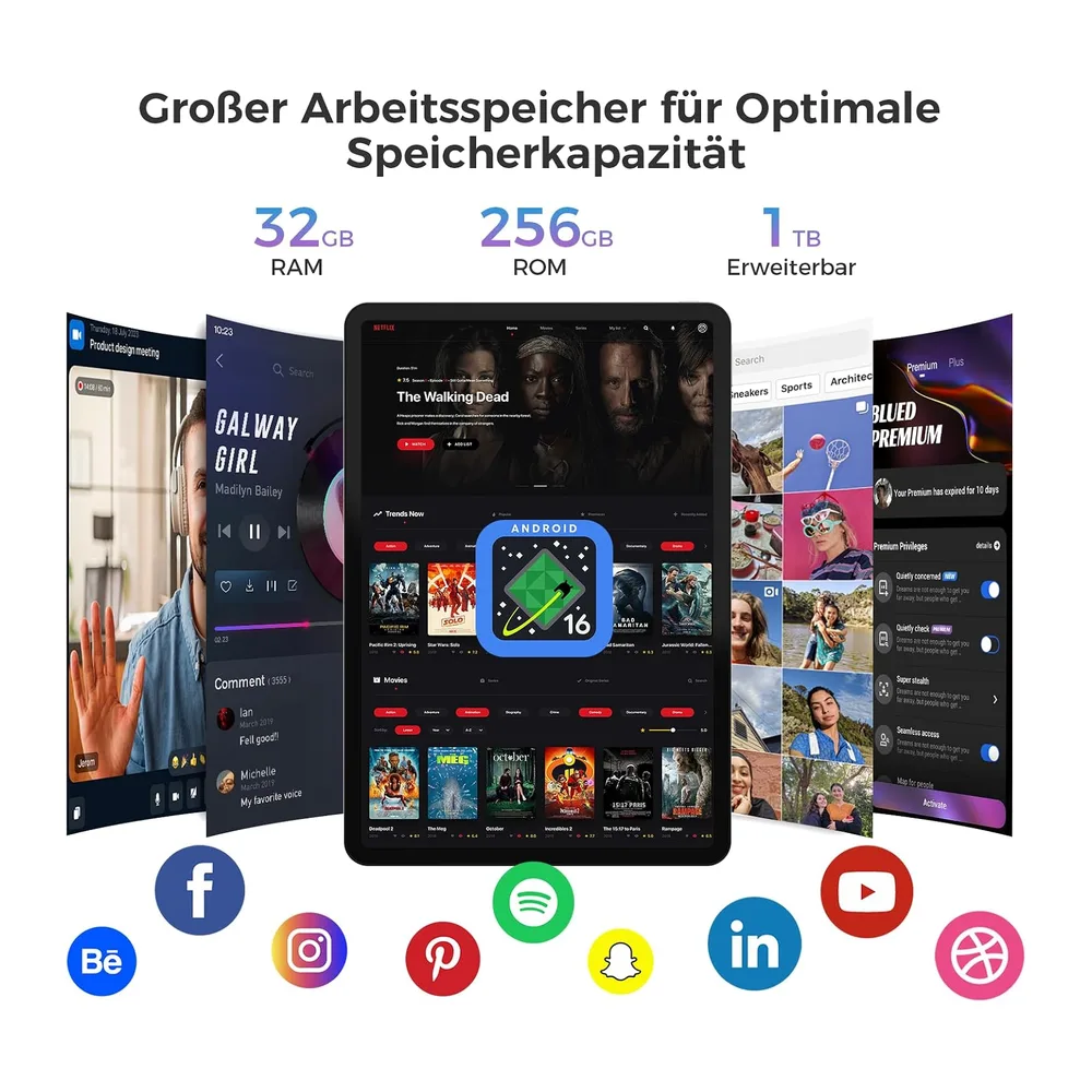 Tablet 12.2 Zoll Android 16 Tablets, 32GB RAM+256GB ROM, 2400*1600 IPS 10000mAh Tablet Octa-Core T7300, — 3