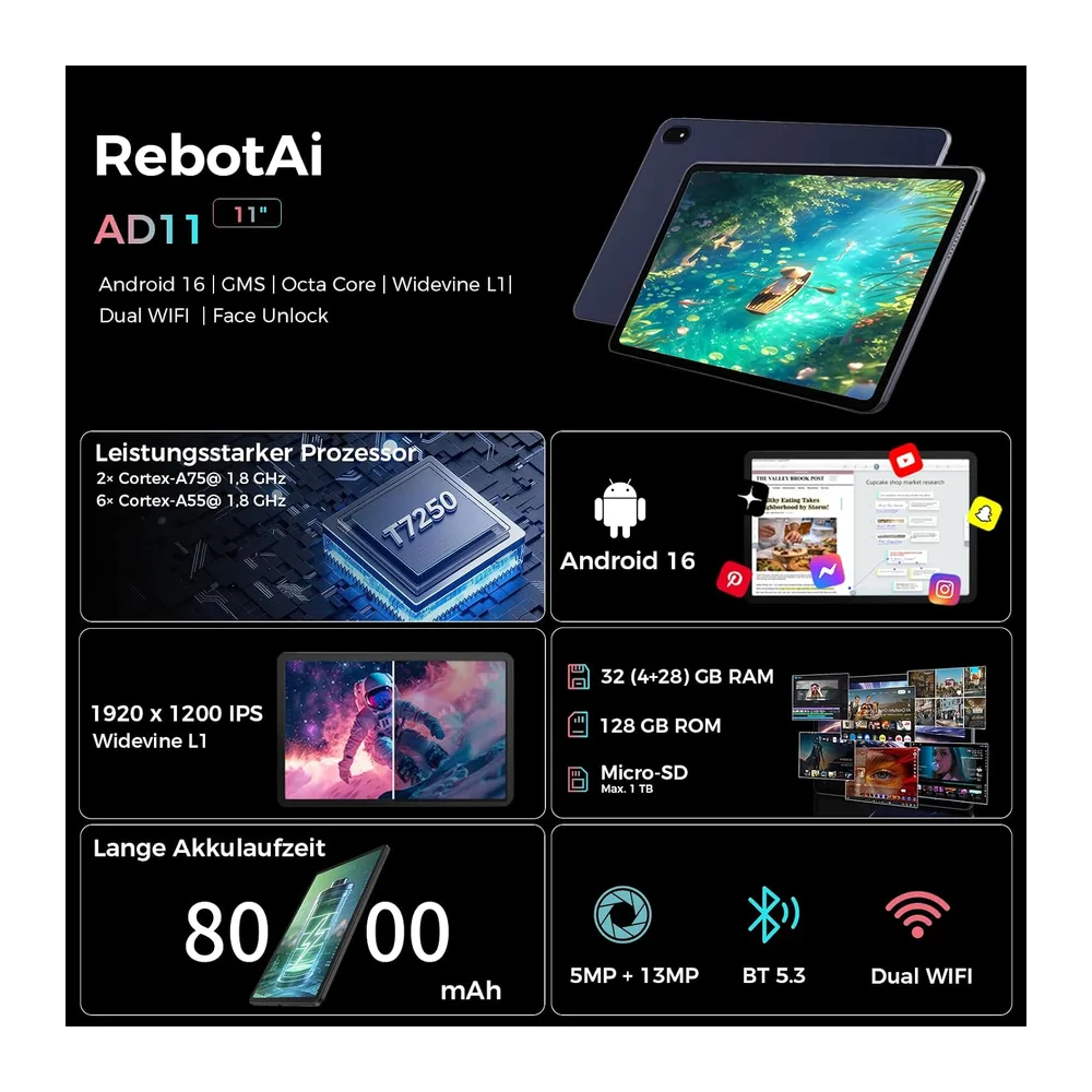 2026 Tablet 11 Zoll Android 16 Tablets, 32GB RAM+128GB ROM/1TB TF, 8000mAh Tablet Octa-Core 1920 * 1200 IPS, — 2