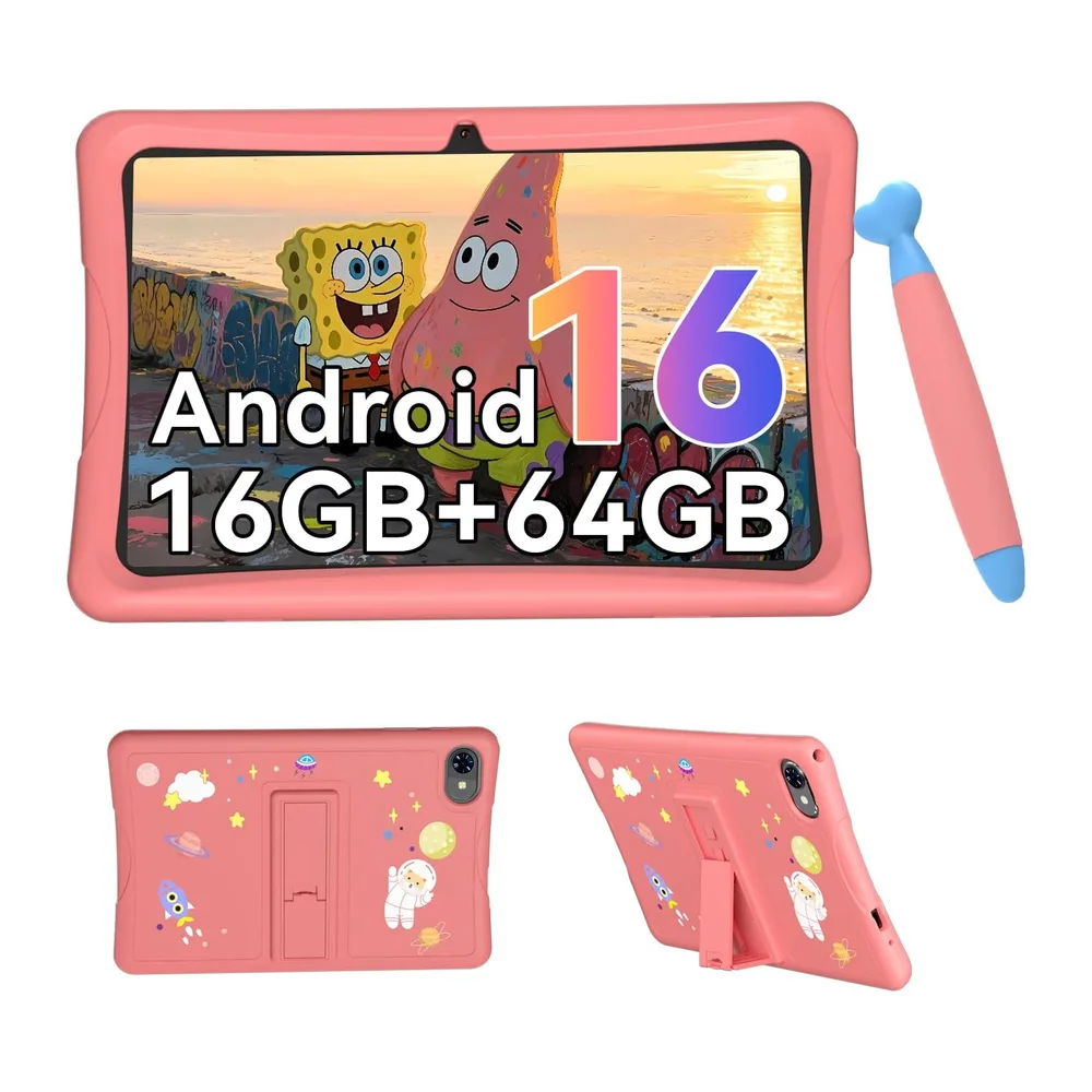 Kinder Tablet 10 Zoll, Android 16 Kinder Tablet ab 3-14 Jahre, 16GB(4+12) RAM + 64GB ROM(2TB Erweiterbar),