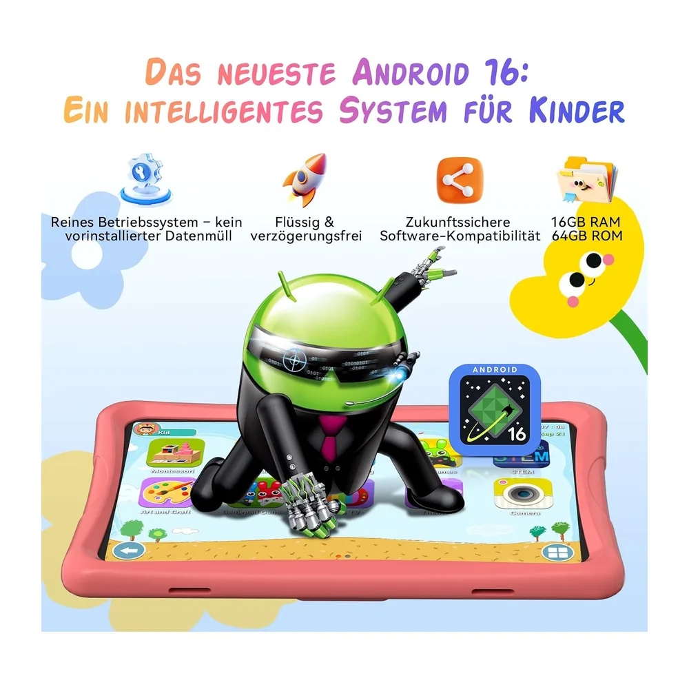 Kinder Tablet 10 Zoll, Android 16 Kinder Tablet ab 3-14 Jahre, 16GB(4+12) RAM + 64GB ROM(2TB Erweiterbar), — 2