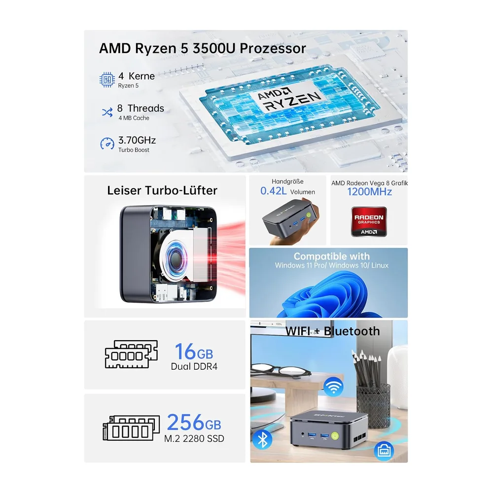 GMKtec Mini PC Ryzen – AMD Ryzen 5 3500U (4C/8T, 4.5GHz, Beats 4300U//N150/N95) | NucBox G10 | 16GB DDR4 + — 2