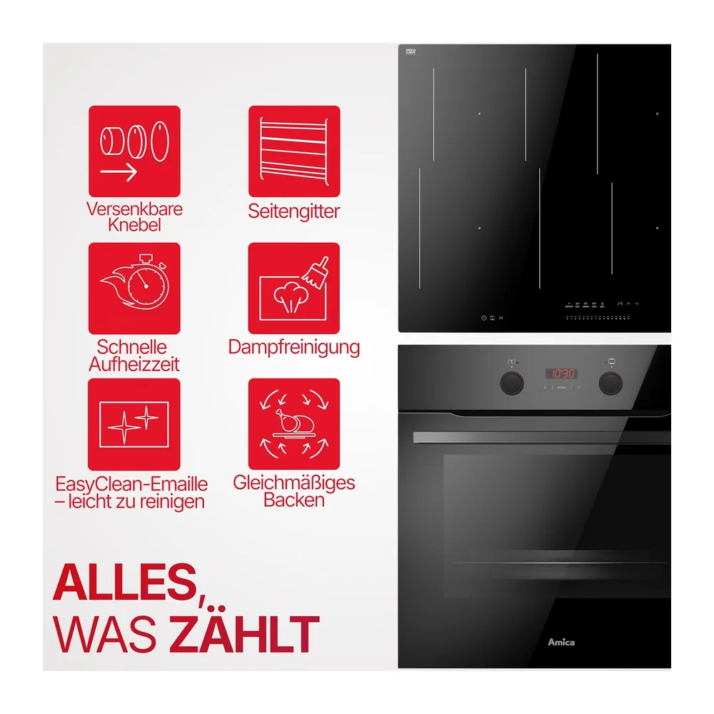 Amica Einbauherd Set 60 cm 77 L Induktion Schwarzglas ABES 95510 S [Energieklasse A] — 2