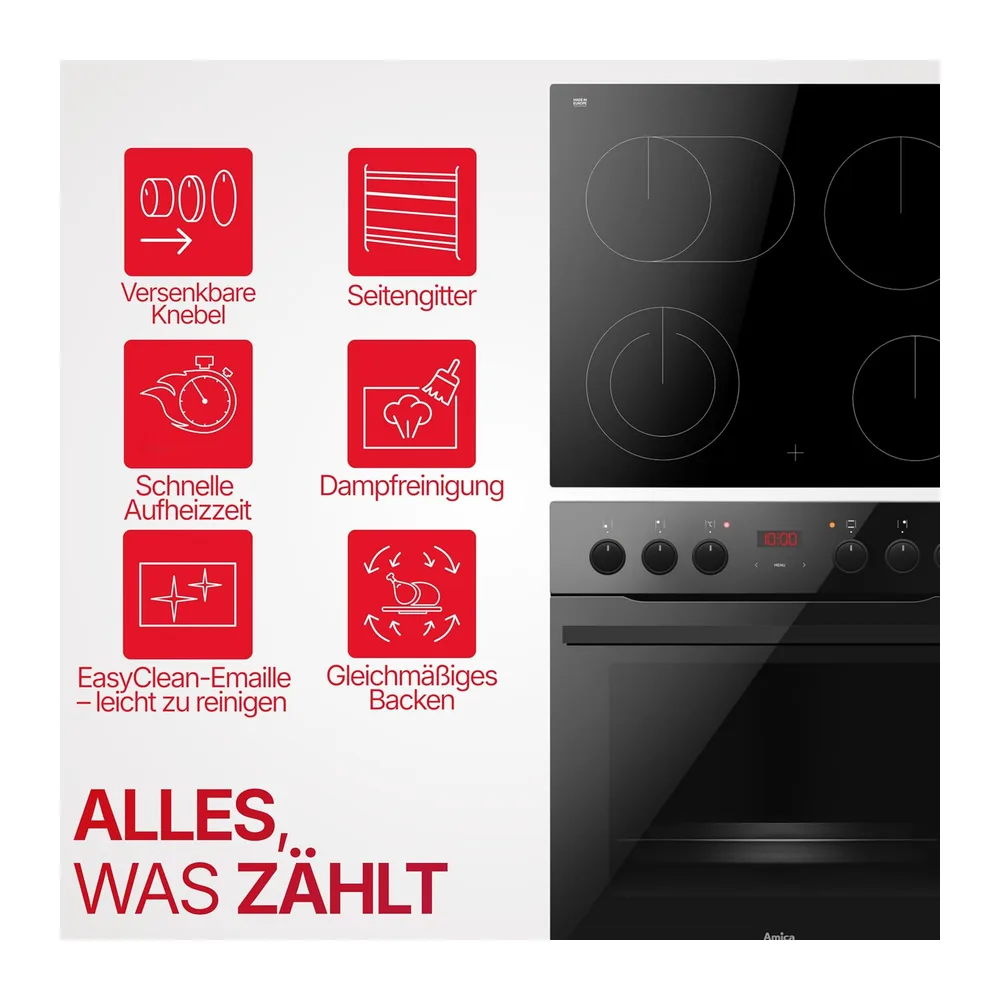 Amica Einbauherd Set 60 cm 77 L rahmenlos Glaskeramik Schwarz ACHE 93410 S [Energieklasse A] — 2