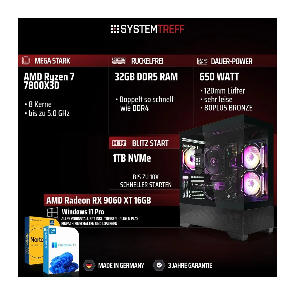 SYSTEMTREFF Gaming PC - AMD Ryzen 7 7800X3D - RX 9060 XT 16GB — 2