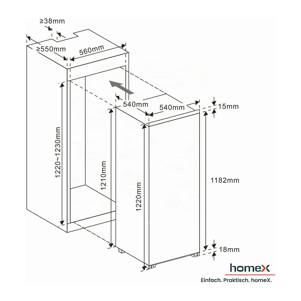 homeX CFB1811E Einbaukühlschrank mit Gefrierfach 122cm Nische 181 Liter [Energieklasse E] — 3