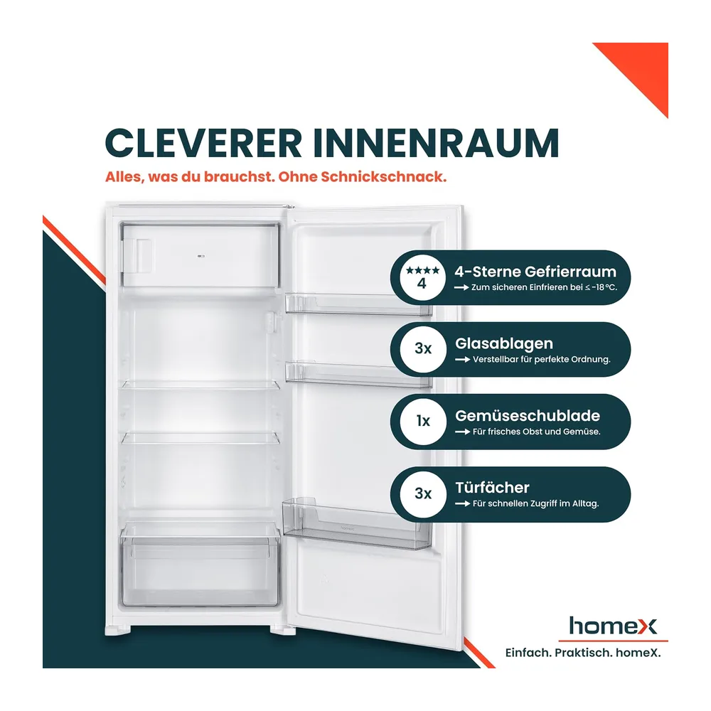 homeX CFB1811E Einbaukühlschrank mit Gefrierfach 122cm Nische 181 Liter [Energieklasse E] — 4