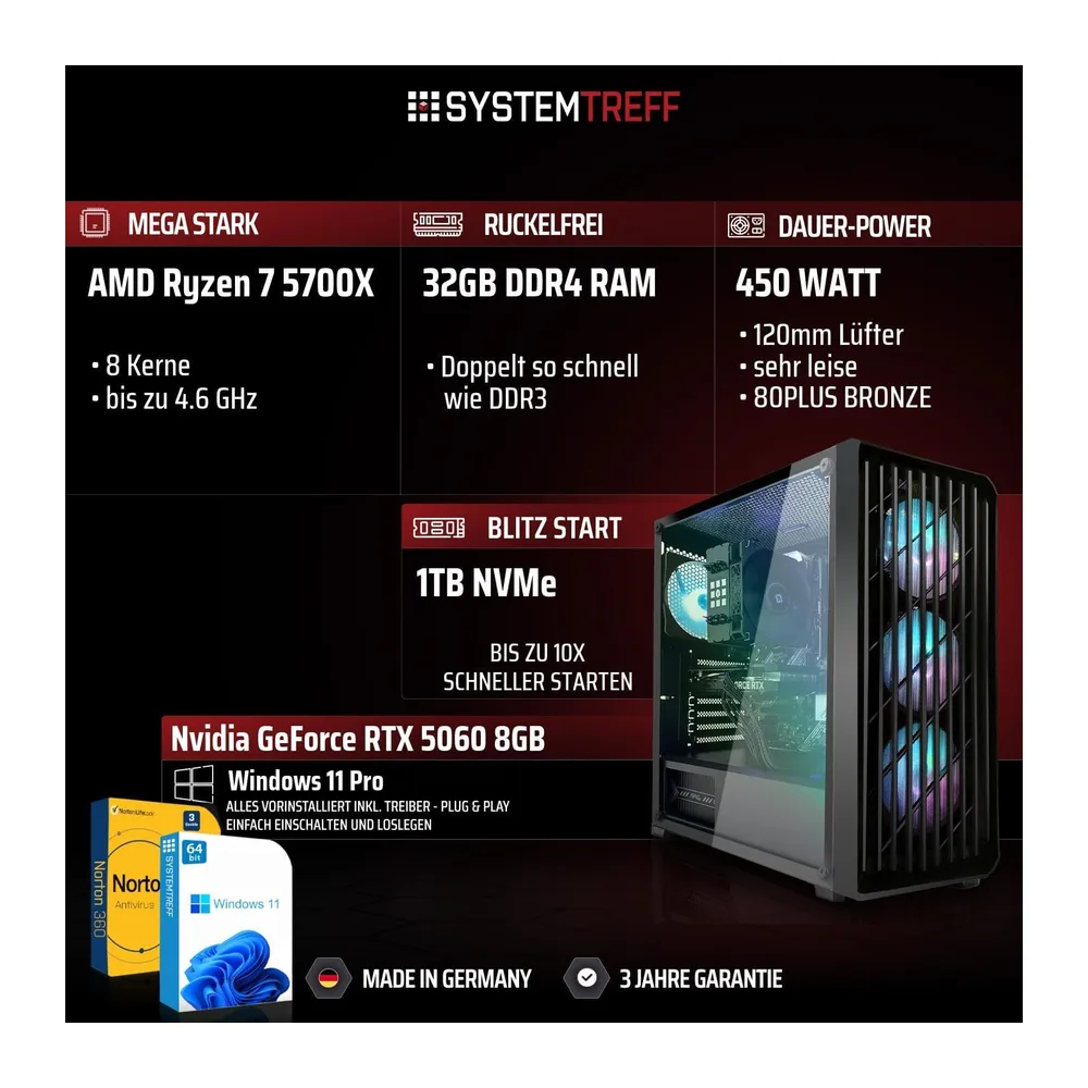 SYSTEMTREFF Gaming Komplett PC Set - AMD Ryzen 7 5700X - RTX 5060 8GB — 2