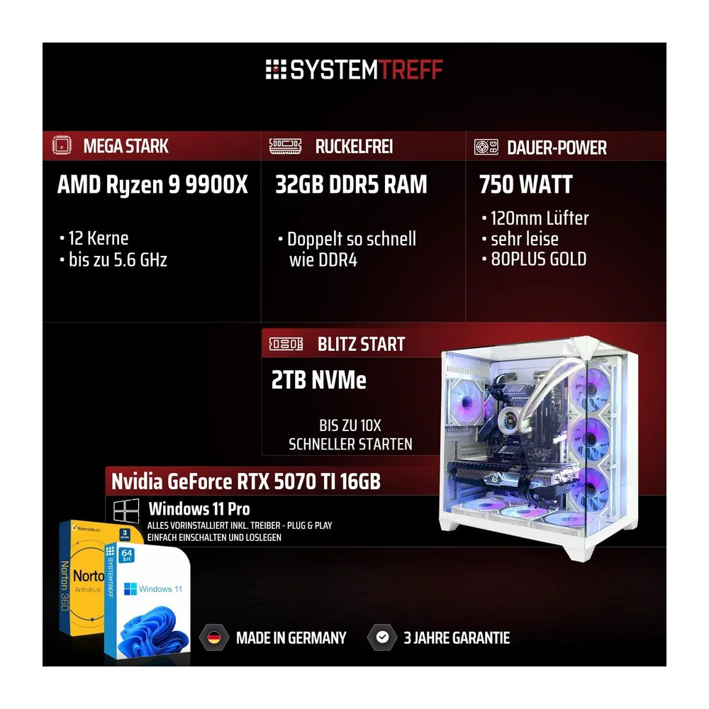 SYSTEMTREFF High-End Gaming PC - AMD Ryzen 9 9900X - RTX 5070 TI 16GB — 2