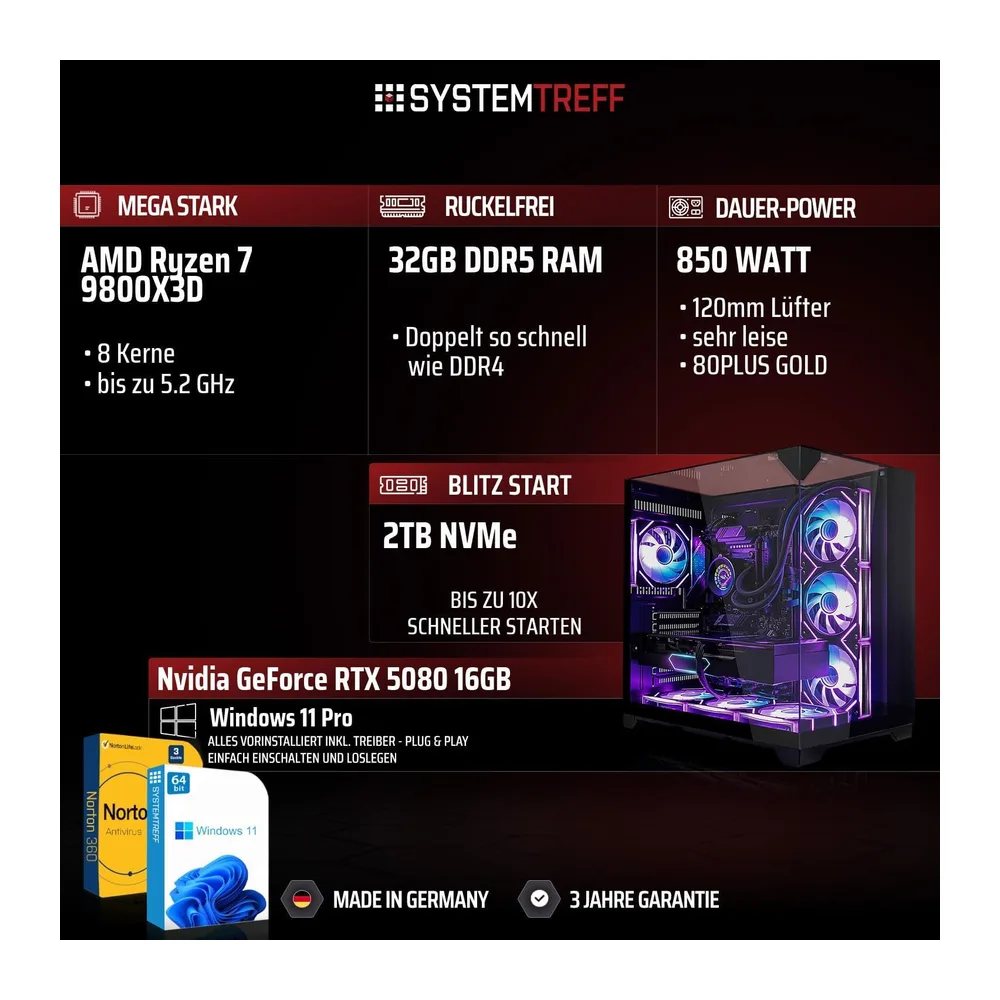 SYSTEMTREFF High-End Gaming PC - AMD Ryzen 7 9800X3D - RTX 5080 16GB — 2
