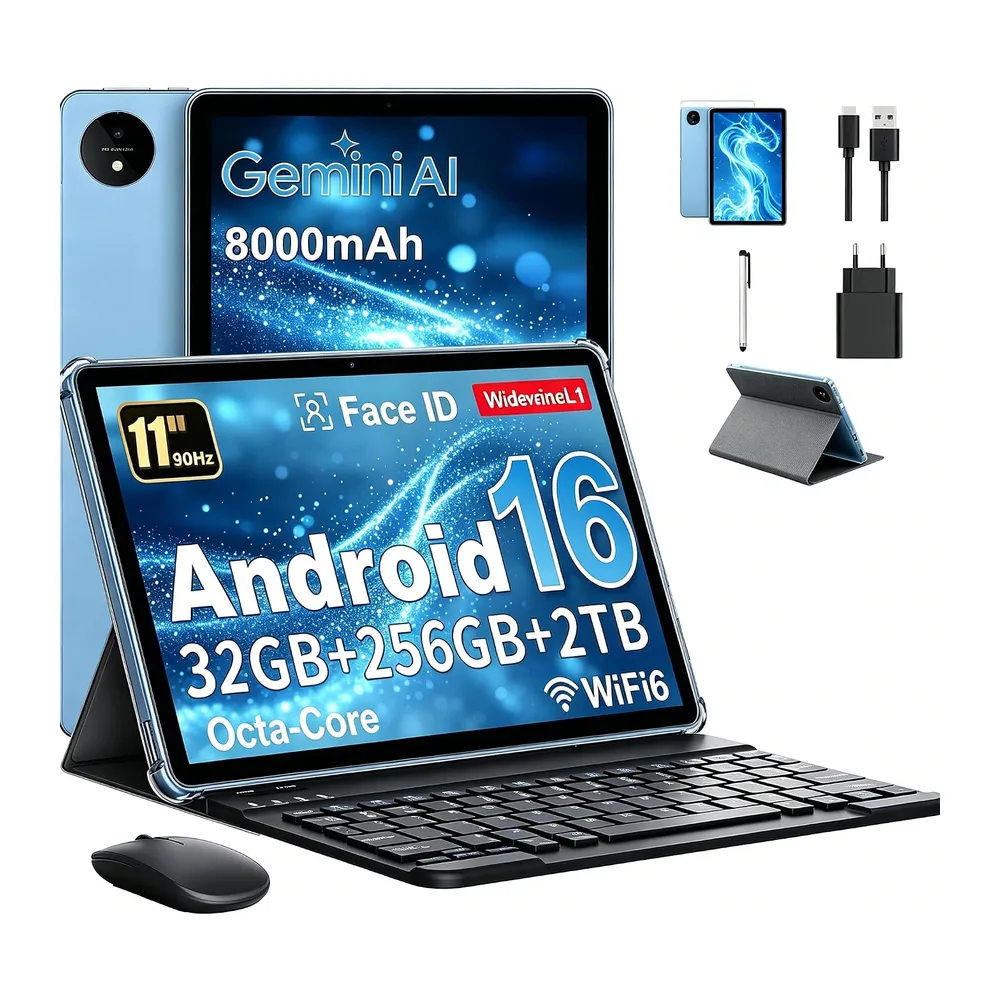 Tablet 11 Zoll mit Gemini AI, Android 16 Tablet mit Hülle, Maus & Tastatur, Octa-Core, 32 GB RAM + 256 GB ROM