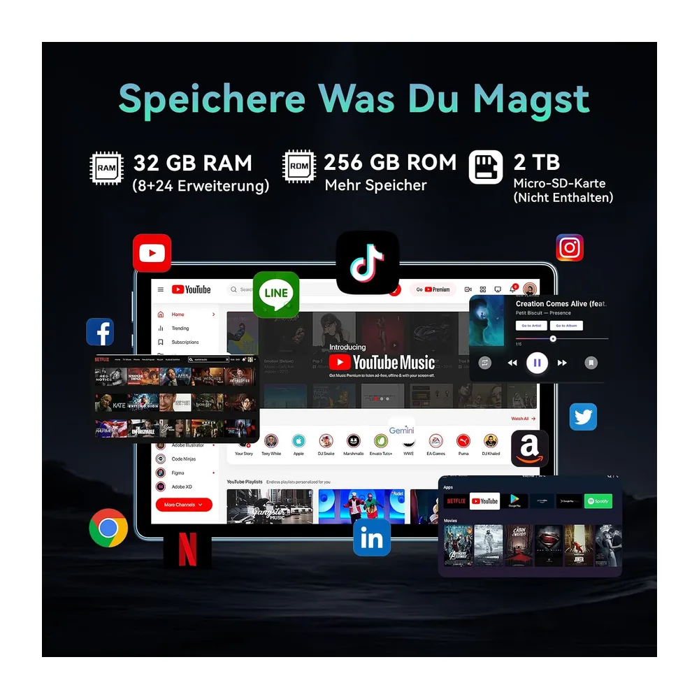 Tablet 11 Zoll mit Gemini AI, Android 16 Tablet mit Hülle, Maus & Tastatur, Octa-Core, 32 GB RAM + 256 GB ROM — 6