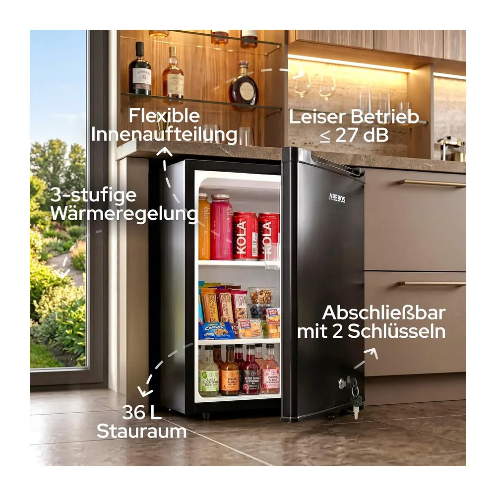 Arebos Mini Kühlschrank 40L | leise Minibar & Getränkekühlschrank | abschließbar mit LED & Temperaturregelung — 2