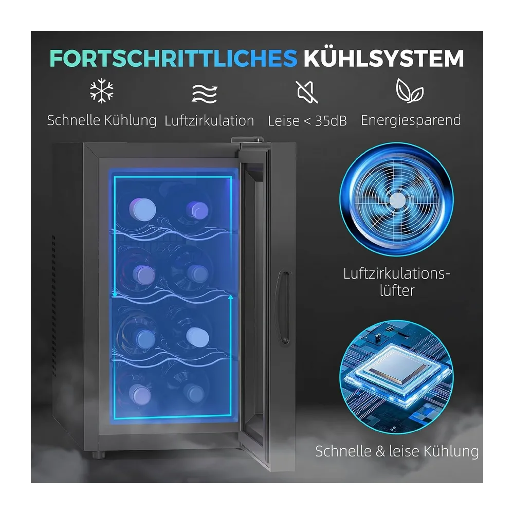 HOMCOM Weinkühlschrank 1 Zonen für 8 Flaschen 21L Thermoelektrik Schwarz [Energieklasse E] — 3