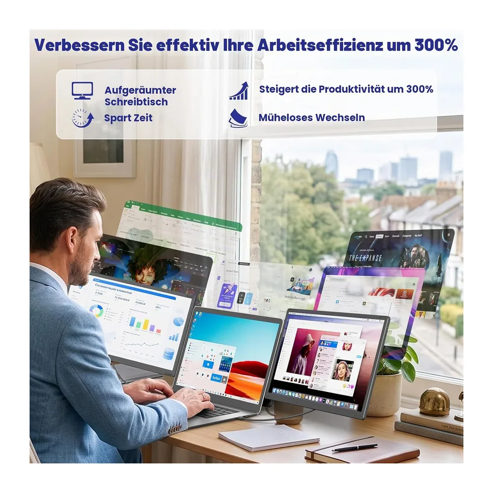 Laptop Bildschirm Erweiterung, 15.6” 1080P FHD Triple Laptop Monitor Erweiterung, Um 235° Drehbarer, — 3