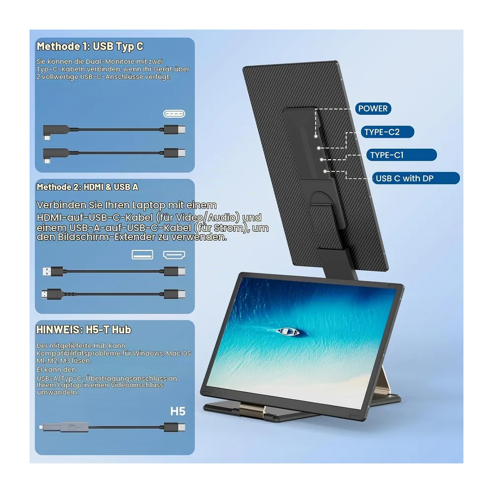 Laptop Bildschirm Erweiterung, 15.6” 1080P FHD Triple Laptop Monitor Erweiterung, Um 235° Drehbarer, — 5