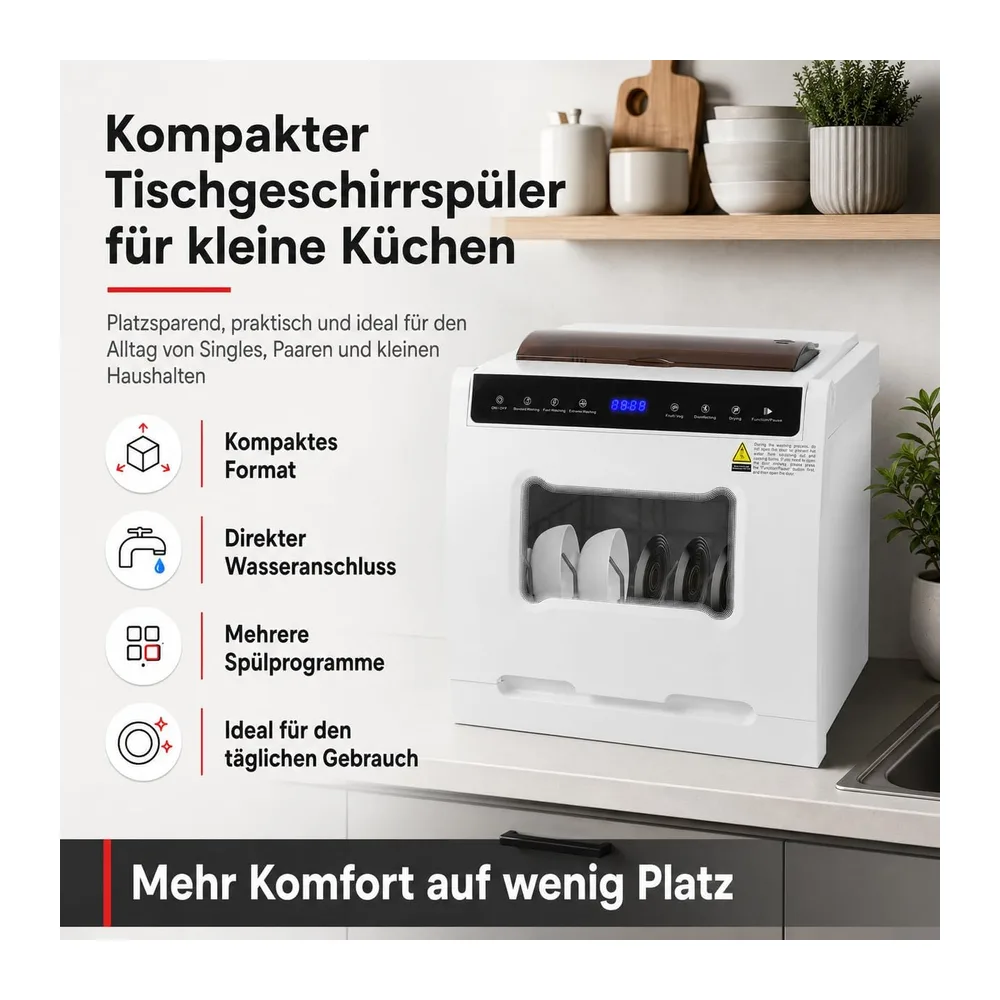 Tischgeschirrspüler 800W 6 Programme 72h Heißlufttrocknung für 4-6 Pers [Energieklasse A] — 2