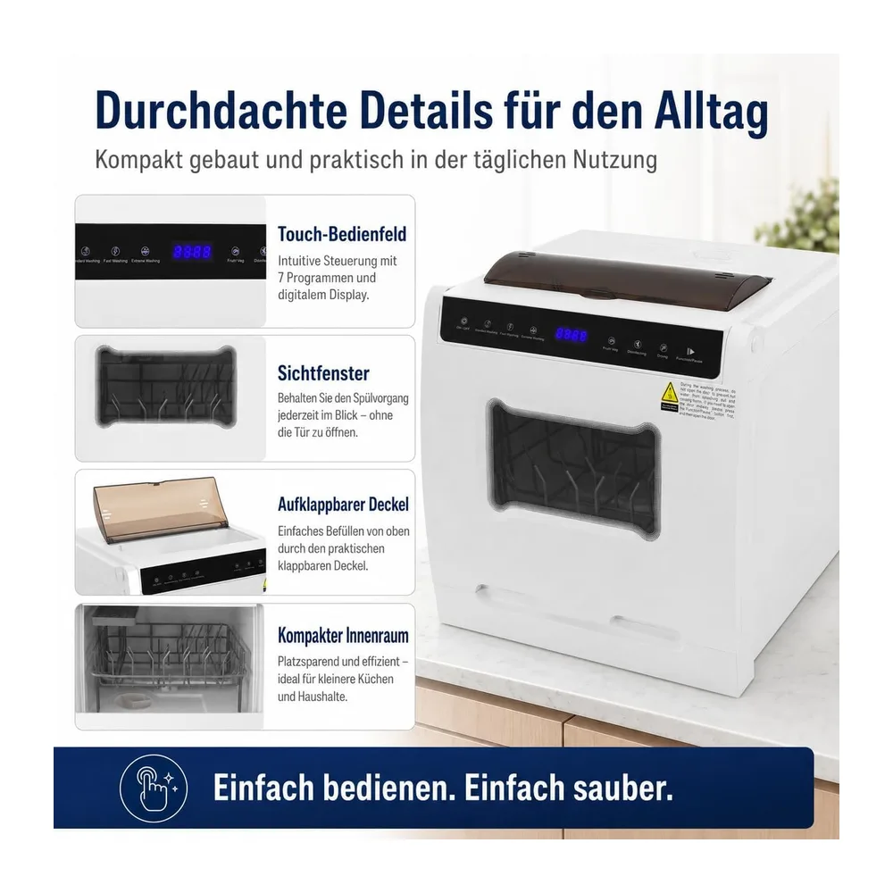 Tischgeschirrspüler 800W 6 Programme 72h Heißlufttrocknung für 4-6 Pers [Energieklasse A] — 6