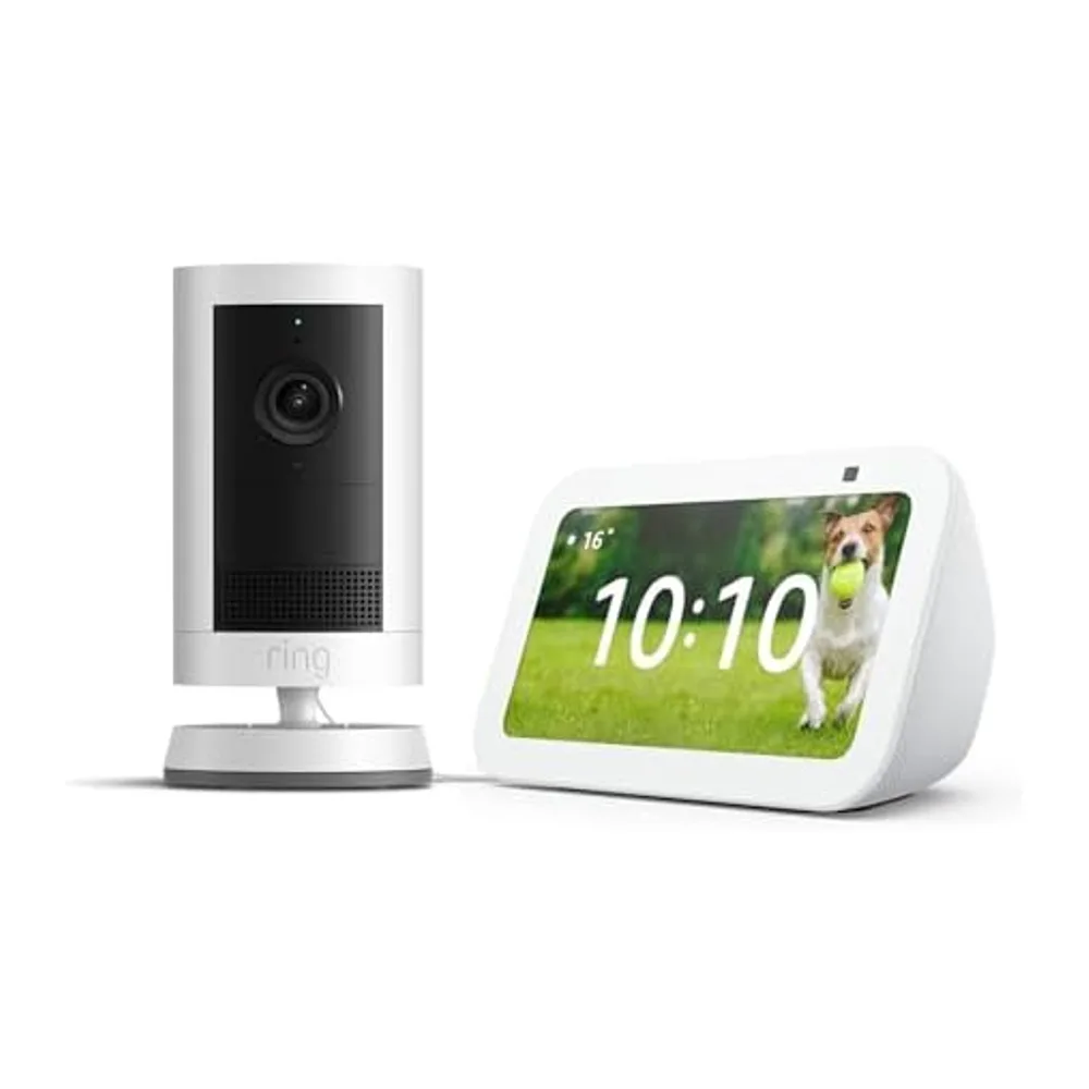 Echo Show 5 (Neueste Generation), Weiß + Ring Außenkamera Plus Akku (Outdoor Camera Plus neueste generation),