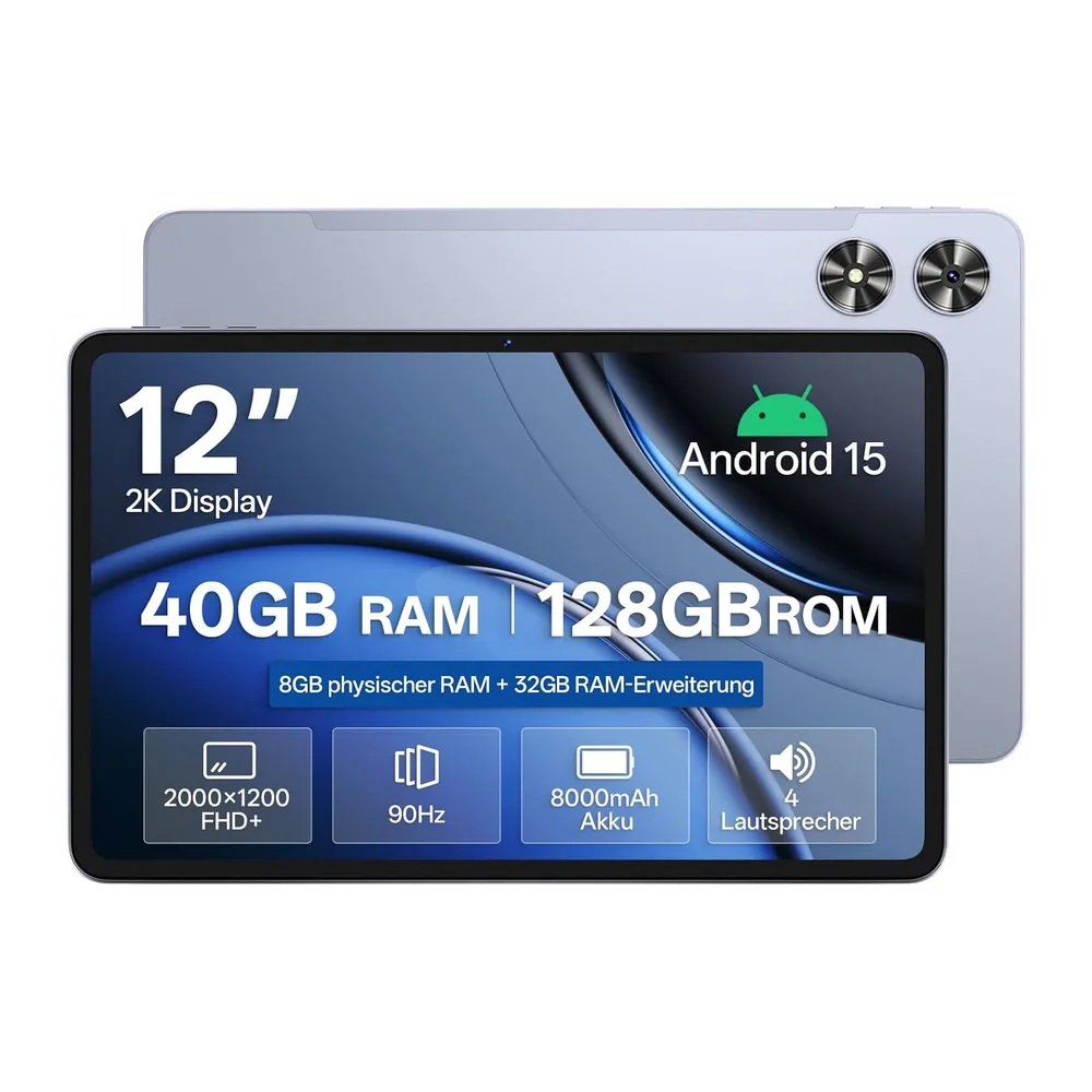 Tablet 12 Zoll, 40GB RAM, 128GB ROM, Unisoc T7280 Octa-Core 2,2GHz, 20W PD
